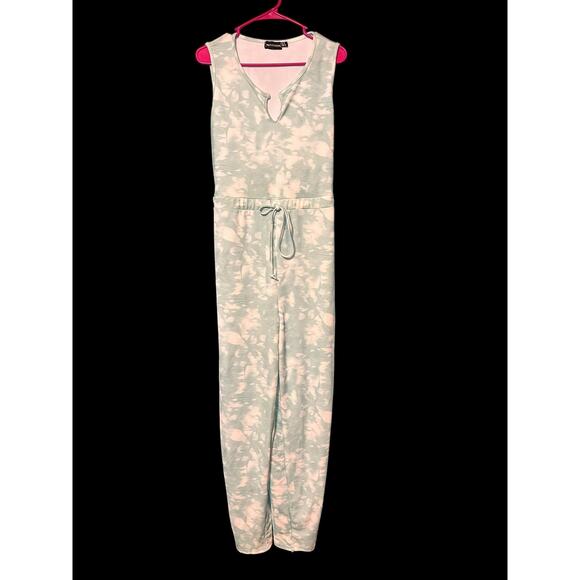 PrettyLittleThing Teal Tie Dye V Neck Tie Waist Rib Jumpsuit Size 12 - Picture 1 of 7